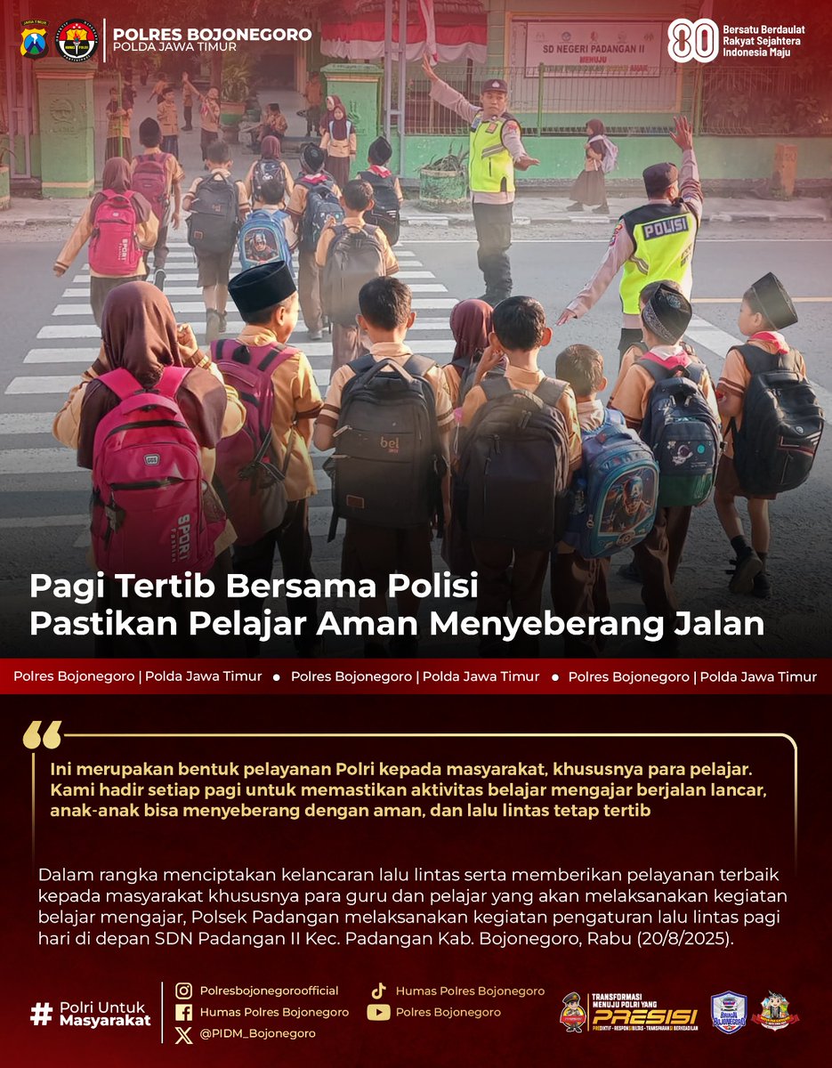 Pagi Tertib Bersama Polisi Pastikan Pelajar Aman Menyeberang Jalan

@divisihumaspolri
<a href="/spripim/">spripim_kepri</a>.polri
@humaspoldajatim
<a href="/gegana_id/">GelisahGalauMerana</a>

#netralitaspolri
#PresisiUntukIndonesia
#HumanisTegakkanHukum
#PolresBojonegoro
#PoldaJawaTimur