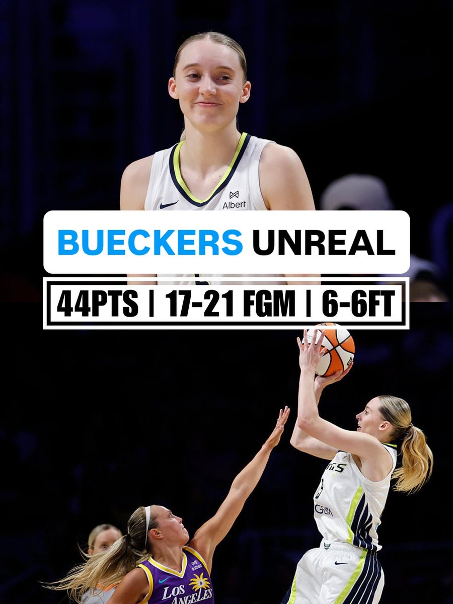 Ballislife's tweet photo. I mean…Paige Bueckers is insane. Her 44 points tonight vs. the Sparks is:

*the most points in a game by a rookie in WNBA history
*the most points in a game by any player this season
*the first 40-piece in league history on 80% FG https://t.co/4dPMzWYDCY