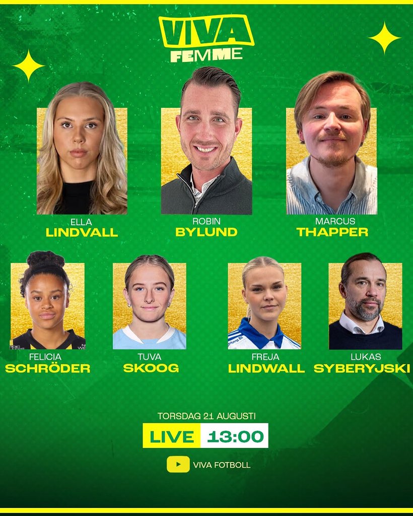 femmeviva's tweet photo. ÄNTLIGEN är vi tillbaka 😍

Världens bästa Schröder, derbyhjälten Freja Lindwall, Tuva Skoog om Malmös gulddrömmar och Syberyjski inför helgens derby!

Och Fotbollskanalens Ella Lindvall gästar i väntan på att Saga är tillbaka.

Vi ses 13.00 🫵 📺

https://t.co/tBgXb9tJp7 https://t.co/cMkEoUKean