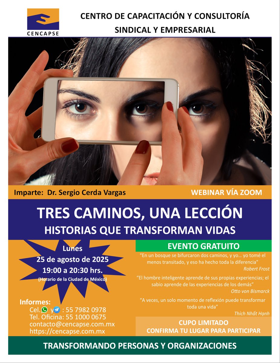 cencapse_ol's tweet photo. 📢 TRES CAMINOS, UNA LECCIÓN: HISTORIAS QUE TRANSFORMAN VIDAS
🎯Evento GRATUITO |🗓️ 25 de agosto | ⏰19 hrs

Reflexiona sobre las experiencias que marcan nuestro rumbo

Reg:
📲5579820978
💬Wp: https://t.co/yCNvf7kbPo
📋Form: https://t.co/eYjyLIOmHY
🤝Gpo: https://t.co/H3bjF3GmC5 https://t.co/Hx8m2jaJi1