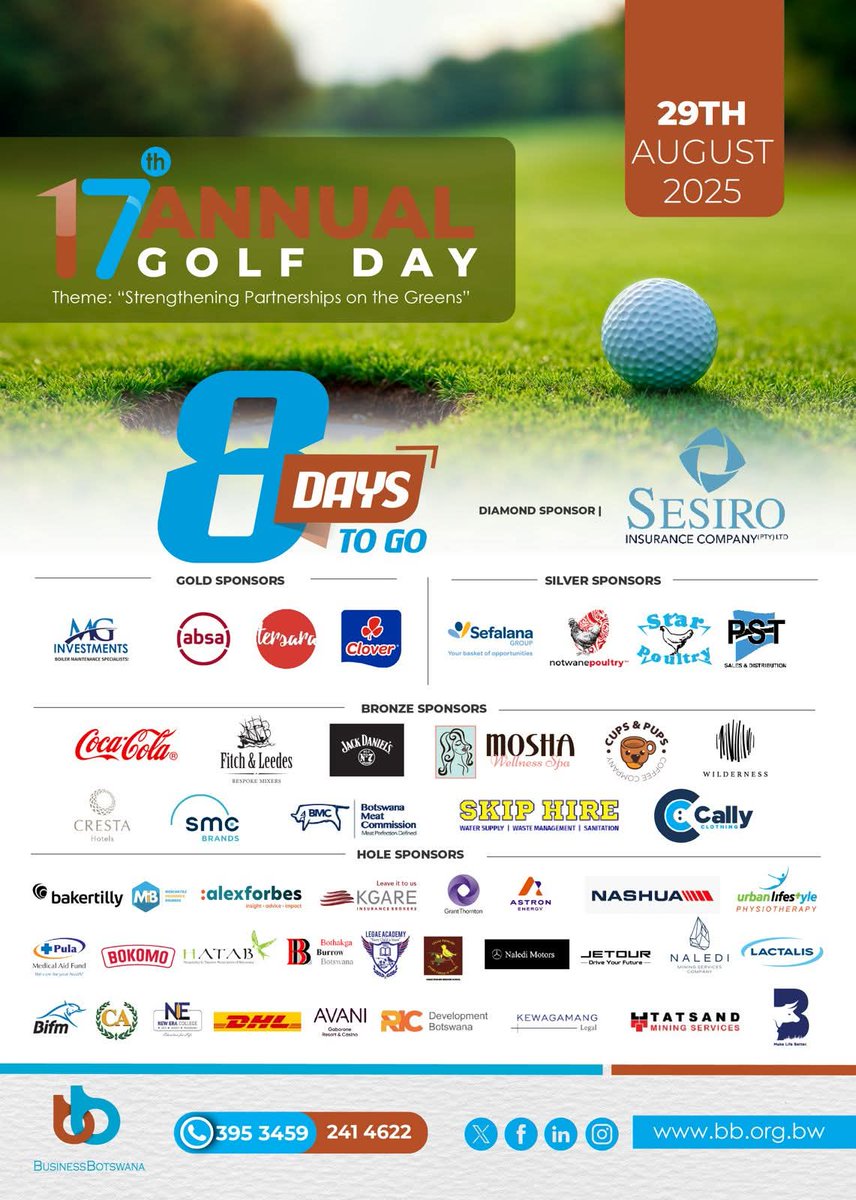 BusinesssBotsPR's tweet photo. Get your clubs ready! We are just 8 days away from a perfect day on the course. ⛳ Our four-ball is set, and we are challenging you to bring your A-game! 🏌️♂️
#17thannualgolfday
#Countdown
#Fourball
#BusinessBotswana https://t.co/grjrJSlpft