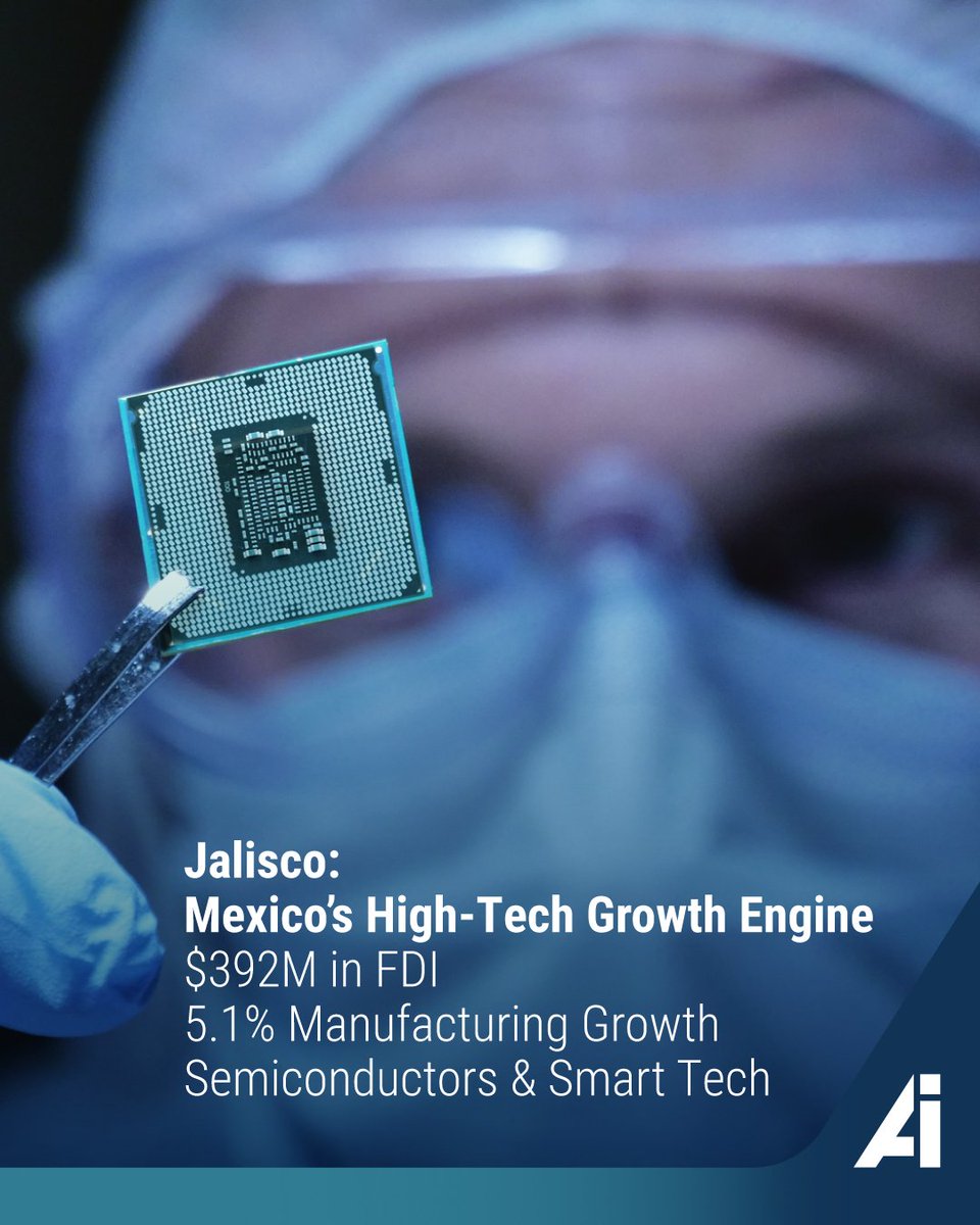 American_Ind's tweet image. 💻 Jalisco secured $392M USD in FDI in Q1 2025 and saw 5.1% growth in manufacturing.
It leads in semiconductors, software, and smart systems.
(Source: CNIE, INEGI)

#TechInMexico #JaliscoFDI #ElectronicsManufacturing