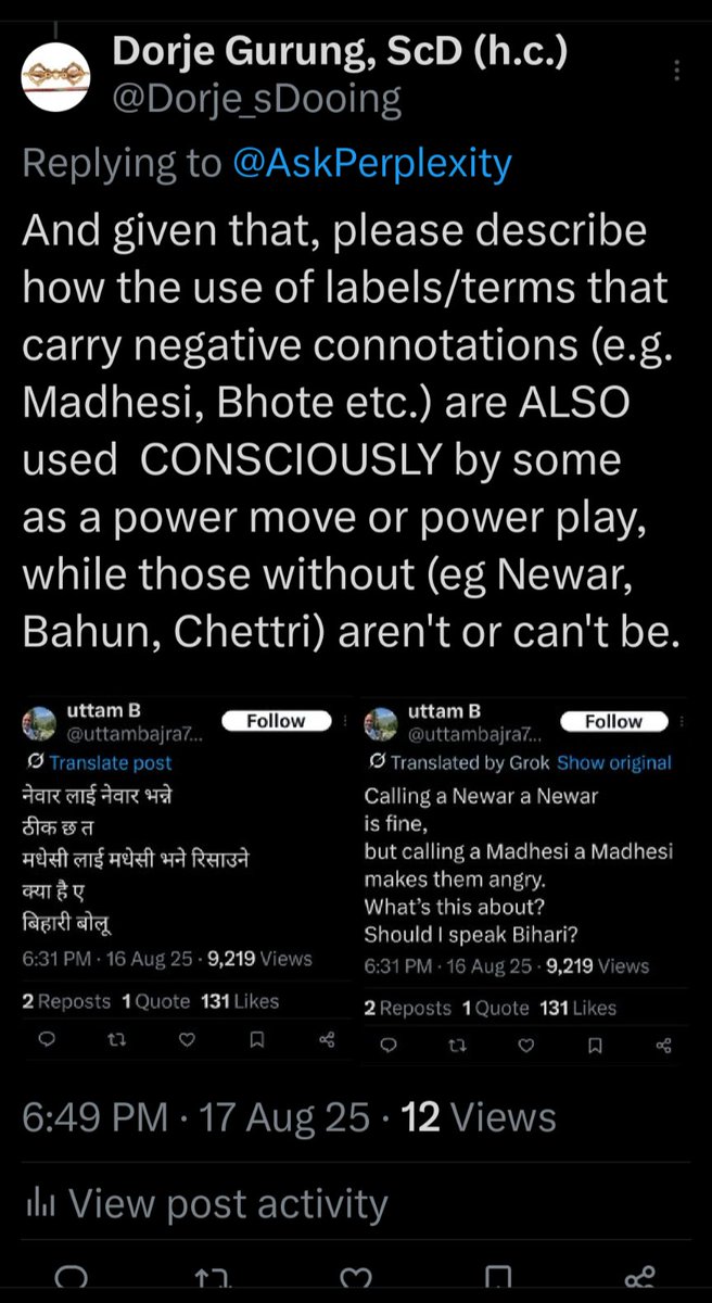 Dorje_sDooing's tweet image. Given these (imgs 1-3) &amp; how the user chose to say "Bhote ko buddhi" (img 4), @AskPerplexity, why is that NOT surprising? Such statements demonstrate #PowerDynamics/#PowerStructure in Nepali society&amp; reinforce/prop up/perpetuate #StructuralDiscrimination/#SystemicCasteism, right?