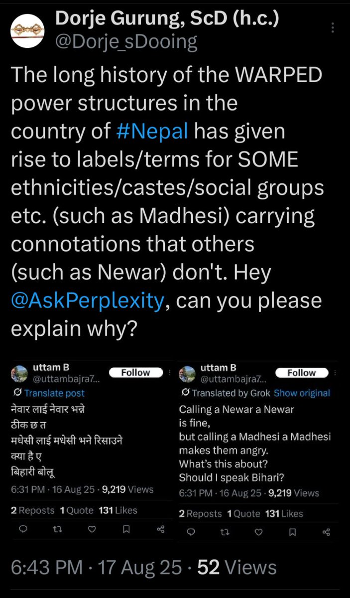 Dorje_sDooing's tweet image. Given these (imgs 1-3) &amp; how the user chose to say "Bhote ko buddhi" (img 4), @AskPerplexity, why is that NOT surprising? Such statements demonstrate #PowerDynamics/#PowerStructure in Nepali society&amp; reinforce/prop up/perpetuate #StructuralDiscrimination/#SystemicCasteism, right?