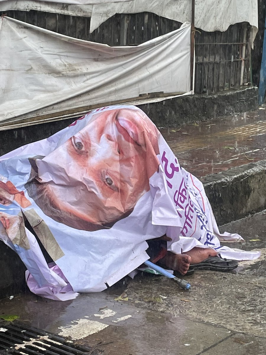Ms Aflatoon (@ms_aflatoon) on Twitter photo We often criticise politicians for creating visual pollution through scored posters.
Here, a man took shelter below the banner of Bandra West MLA <a href="/ShelarAshish/">Adv. Ashish Shelar - ॲड. आशिष शेलार</a> amid heavy downpour.
#Mumbai We often criticise politicians for creating visual pollution through scored posters.
Here, a man took shelter below the banner of Bandra West MLA <a href="/ShelarAshish/">Adv. Ashish Shelar - ॲड. आशिष शेलार</a> amid heavy downpour.
#Mumbai