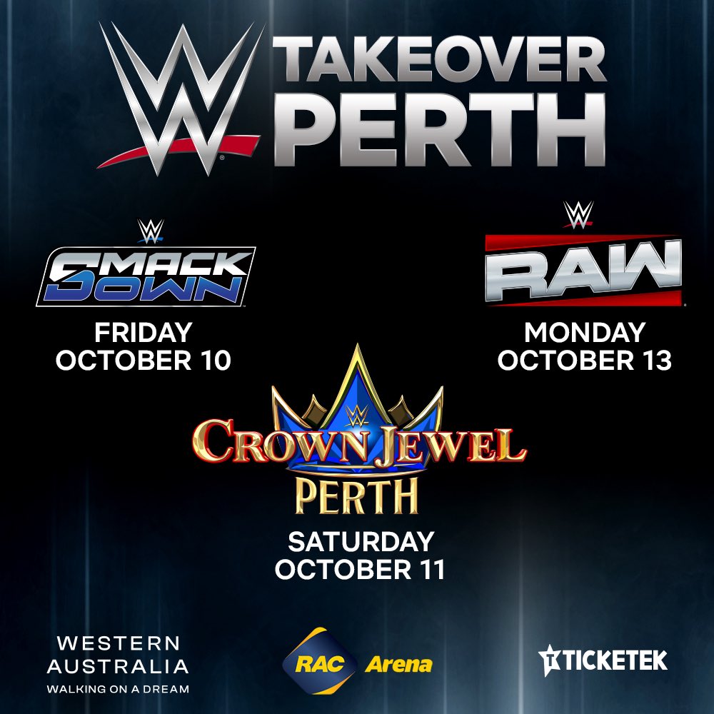 🔥 <a href="/WWE/">WWE</a> takes over <a href="/RACArena/">RAC Arena</a> this October with #SmackDown, #CrownJewel: Perth &amp; #WWERaw!

🎟️ Presale for individual tickets is ON NOW!
Use code: ALLWWE 
🔗 hotshow1.ticketek.com.au/shows/show.asp…

<a href="/WestAustralia/">Western Australia</a> #WATheDreamState