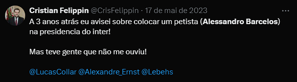 CrisFelippin's tweet photo. Eu avisem em 20 qual seria o futuro do Inter caso um sindicalista de esquerda ganhasse a presidência!

Nenhum título profissional
A dívida saiu de 500M p/ 1.2B
A base foi destruída

O @LucasCollar, @Alexandre_Ernst e @Lebehs discutiram comigo na época, agora me dão razão! https://t.co/xB057AhOWI