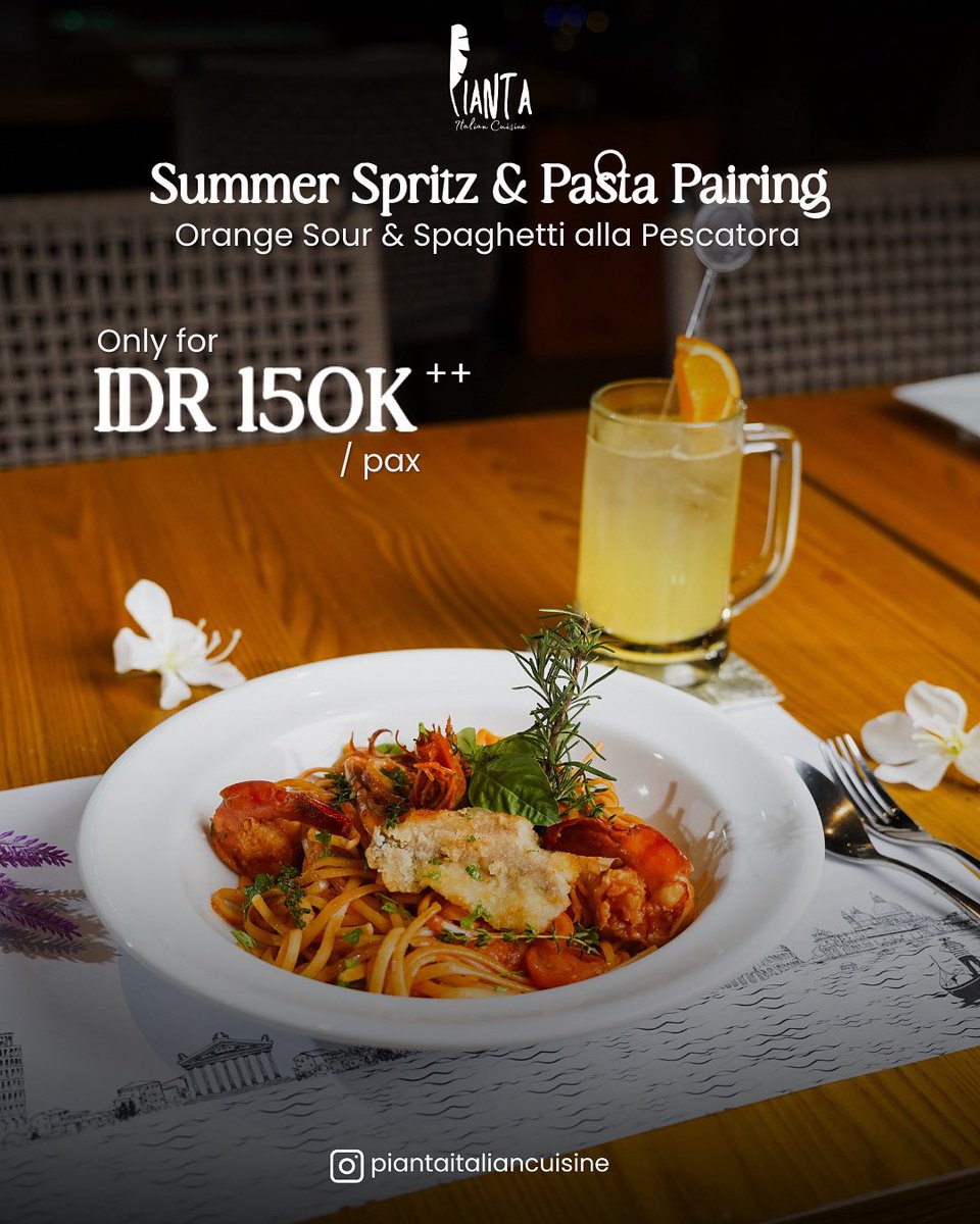 pianta_id's tweet photo. Summer feels, Italian style! ☀️🍹🍝

Cool down and indulge with our Summer Spritz x Pasta Pairing —
✨ 150K++/pax ✨

Choose your perfect combo:
🍋 Lemon Sour &amp; Basil Cream Spaghetti
🍸 Limoncello Spritz &amp; Penne Arrabbiata
🍊 Orange Sour &amp; Spaghetti alla Pescatora https://t.co/0NF5qlVSMH