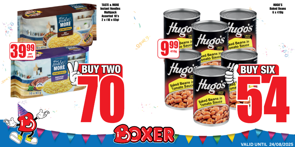 BoxerStores's tweet photo. 🎉 Save big with Boxer! Spend R750 or more and earn 50 B Rewards with your Boxer Rewards Club card. 🛒 Download the Boxer App for exclusive deals and join us on WhatsApp: 27870934333. Prices valid until 24/08/2025. #boxerstores #boxerbirthday #brewards https://t.co/GAZuJCeYNj