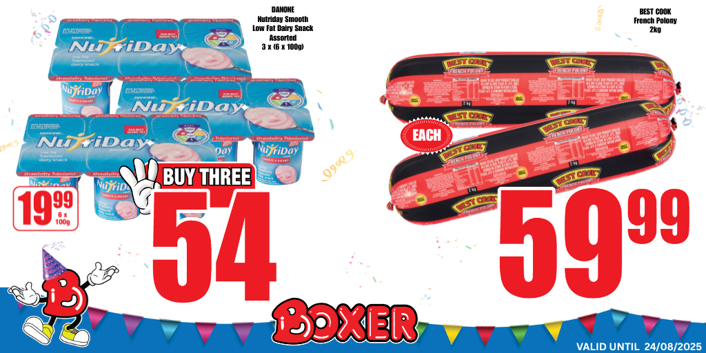 BoxerStores's tweet photo. 🎉 Save big with Boxer! Spend R750 or more and earn 50 B Rewards with your Boxer Rewards Club card. 🛒 Download the Boxer App for exclusive deals and join us on WhatsApp: 27870934333. Prices valid until 24/08/2025. #boxerstores #boxerbirthday #brewards https://t.co/GAZuJCeYNj