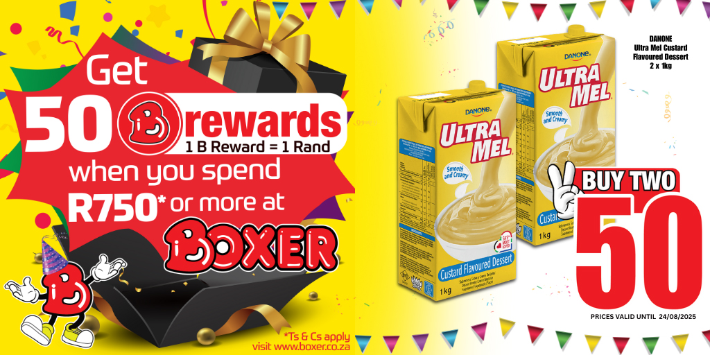 BoxerStores's tweet photo. 🎉 Save big with Boxer! Spend R750 or more and earn 50 B Rewards with your Boxer Rewards Club card. 🛒 Download the Boxer App for exclusive deals and join us on WhatsApp: 27870934333. Prices valid until 24/08/2025. #boxerstores #boxerbirthday #brewards https://t.co/GAZuJCeYNj
