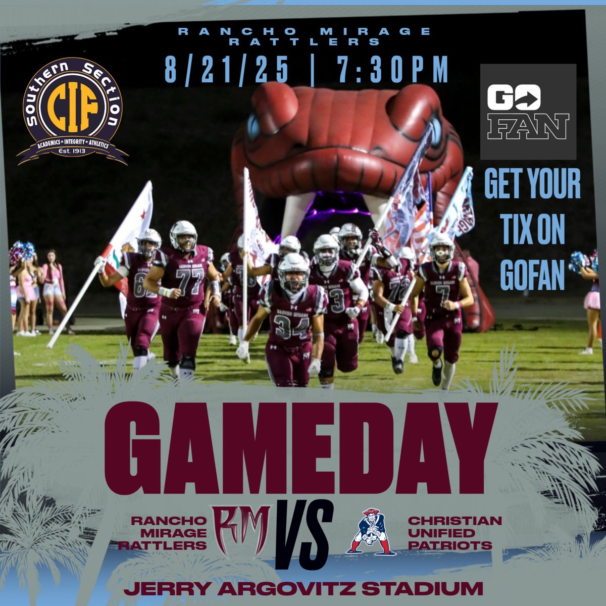Join us at Jerry Argovitz Stadium for our season opener! JV at 5PM / Varsity at 7:30PM. Hang in the pit, eat some tacos from Santa Fe Restaurant, get an iced drink from Perilous Coffee, and cheer on our Back to Back League Champion Rattlers!!