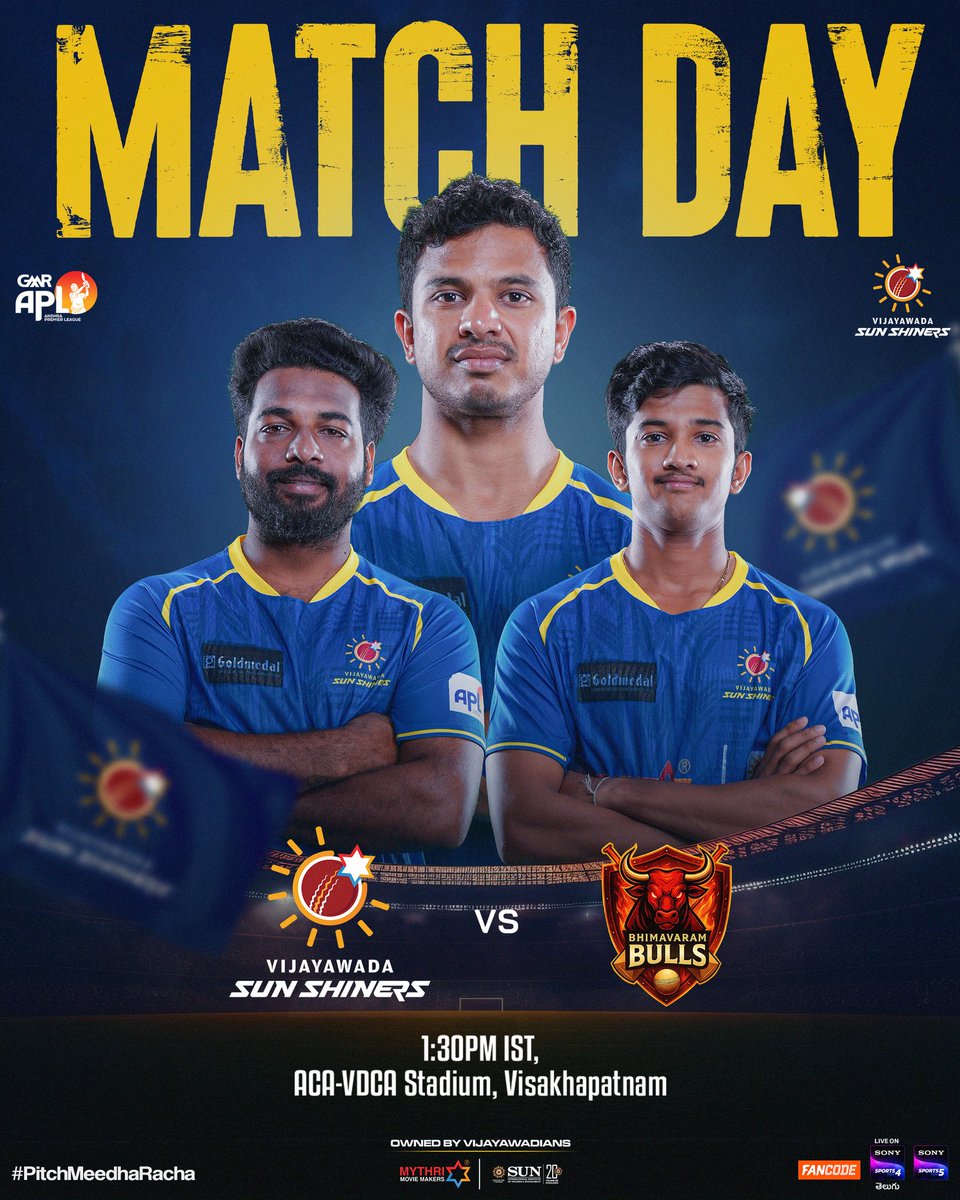A do or die match for us today.

We take on the #BhimavaramBulls in the elimator.

Catch us live on Fancode App, Sony Sports 4 &amp; Sony Sports 5 from 1.30 PM onwards.

#PitchMeedhaRacha 🏏

<a href="/vjasunshiners/">Vijayawada Sun Shiners</a> <a href="/MythriOfficial/">Mythri Movie Makers</a> @andhrat20league #SunInternationalInstitute
#apl2025