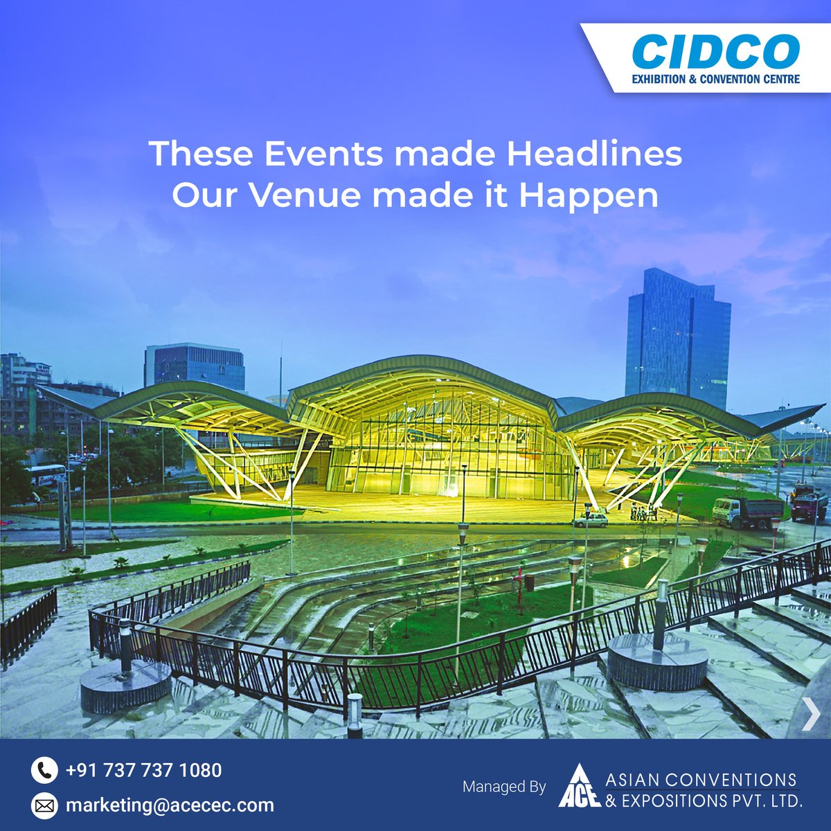 CidcoC's tweet image. From expos to sector-defining conferences, India’s most talked-about events have found their stage at the CIDCO Exhibition and Convention Centre, Navi Mumbai, the preferred hub for leaders across mobility, healthcare, science &amp;amp; more.

#ACEVenue #CECC #MICEIndia