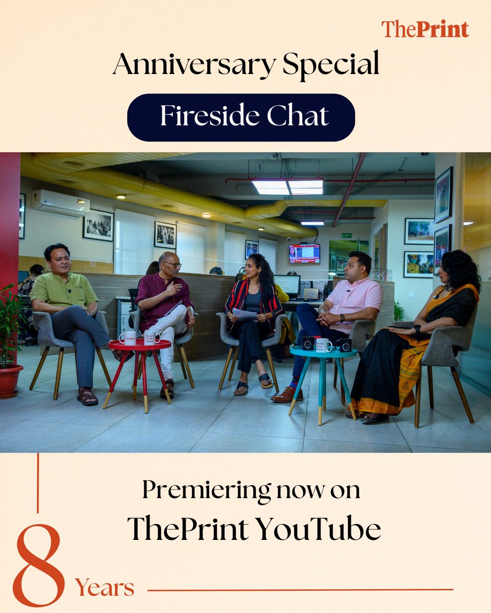 ThePrintIndia (@theprintindia) on Twitter photo ThePrint turns 8! Watch our special anniversary Fireside Chat as <a href="/ShekharGupta/">Shekhar Gupta</a> and senior editors <a href="/RamaNewDelhi/">rama lakshmi</a>, <a href="/dksingh73/">DK Singh</a>, <a href="/sneheshphilip/">Snehesh Alex Philip</a> & <a href="/NPDay/">Neelam Pandey</a> take you behind the scenes, reflecting on unhyphenated journalism, our journey so far, the power of ground reporting, and what lies ThePrint turns 8! Watch our special anniversary Fireside Chat as <a href="/ShekharGupta/">Shekhar Gupta</a> and senior editors <a href="/RamaNewDelhi/">rama lakshmi</a>, <a href="/dksingh73/">DK Singh</a>, <a href="/sneheshphilip/">Snehesh Alex Philip</a> & <a href="/NPDay/">Neelam Pandey</a> take you behind the scenes, reflecting on unhyphenated journalism, our journey so far, the power of ground reporting, and what lies