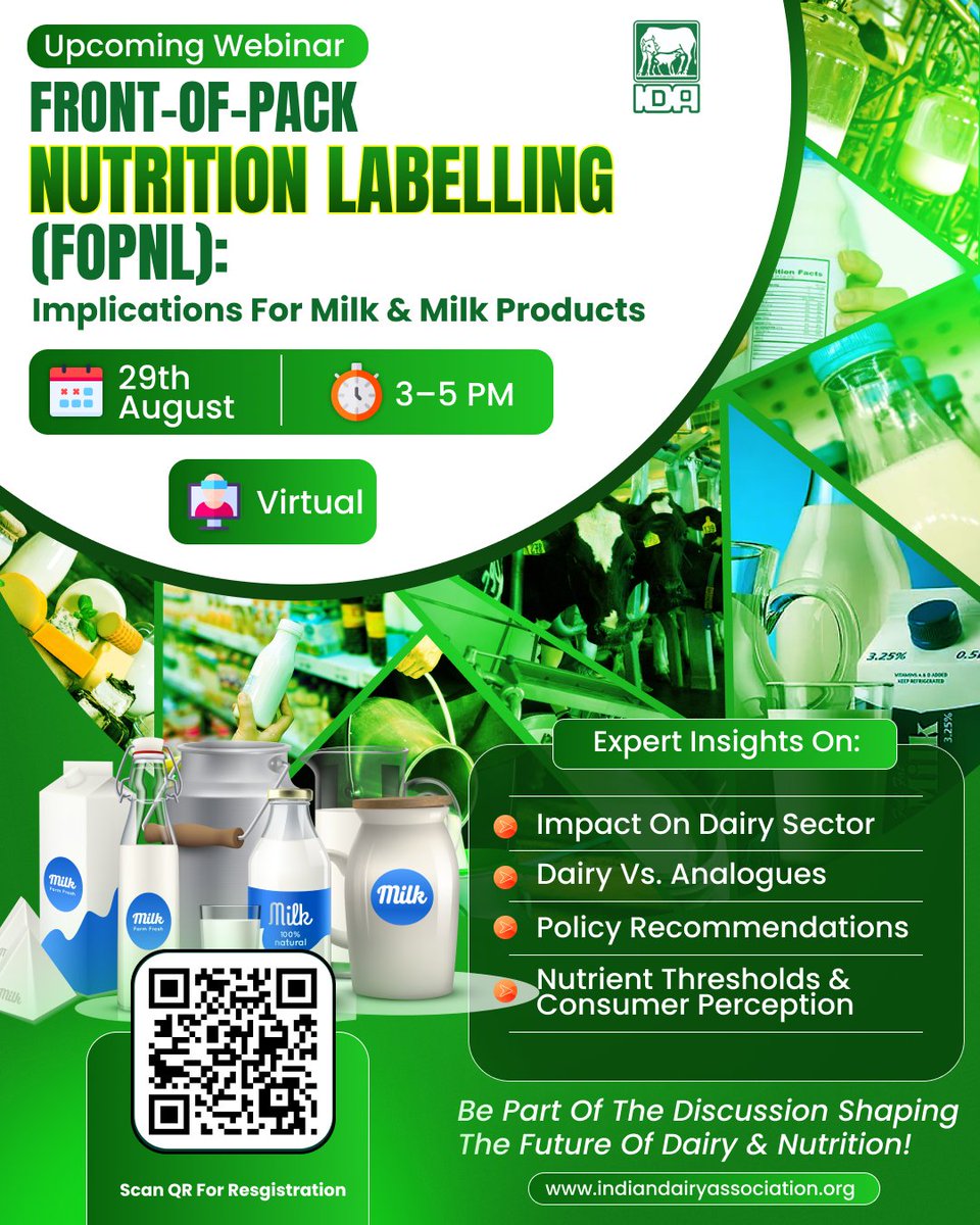 IndianDairyAsso's tweet photo. ๐ฅโจ Join us for an insightful Virtual Webinar on Front-of-Pack Nutrition Labelling (FOPNL) and explore its impact on milk & milk products!
๐
Date: 29th August
โฐ Time: 3โ5 PM
๐ป Mode: Virtual
๐ Scan the QR code to register now!
#FOPNL #NutritionLabelling #DairySector #IDA https://t.co/NgETcrGSdY