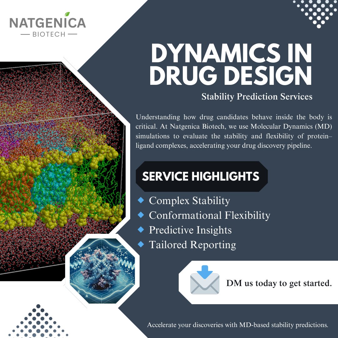 Unlock the future of drug discovery with Molecular Dynamics (MD) simulations! 🚀
At Natgenica Biotech, we predict protein–ligand stability, flexibility, and insights that drive smarter drug design decisions.
📩 DM us today. 
#moleculardynamics #Biotechnology #LifeSciences #India
