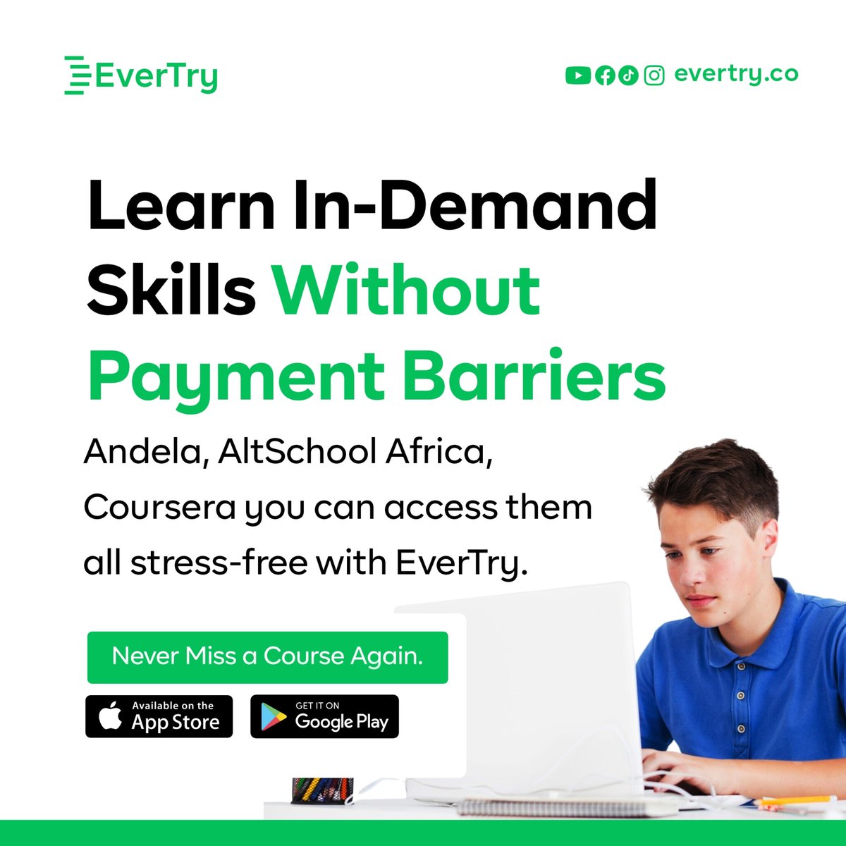 try_hq's tweet photo. 🚀 Learn in-demand skills without limits! With EverTry, you can access these courses
No more payment barriers, just pure growth. ✨
#Elearning #LearnWithoutLimits https://t.co/gDcE0MmVxc