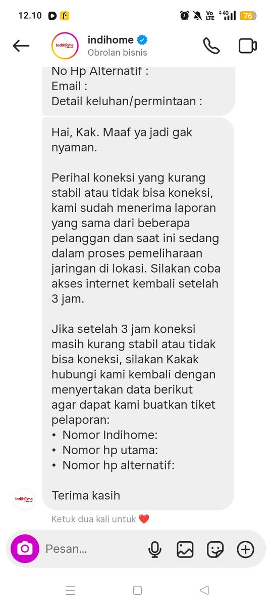 isni_s's tweet photo. @IndiHomeCare lawak banget, laporan kabelnya putus malah nggak dibikinin tiket laporan tapi disuruh nunggu 3 jam 🤣 mau minta dibikinin tiket pelaporan aja nggak bisa, terus nggak di bales lagi dong 😭 https://t.co/OqaPoVDj2y