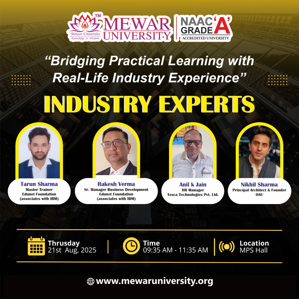 universitymewar's tweet image. Mewar University, a NAAC Grade A Accredited Institution, organized an Industry Experts Session on 21st August 2025 at MPS Hall under the theme “Bridging Practical Learning with Real-Life Industry Experience.”
#MewarUniversity #IndustryExperts #KnowledgeToAction #SkillDevelopment