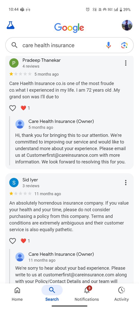Prads100's tweet photo. @careinsuranceIN @MoHFW_INDIA @irdaindia Just gone through their google reviews. Why @irdaindia you guys don't look into this. https://t.co/qd7YJlmpLi