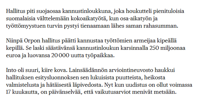 OlliKarkkainen's tweet photo. Valitettavasti tämän päivän HS:n pääkirjoituksessa (https://t.co/mbjiTrMq09) on vaikutusarvioiden osalta harhaanjohtavaa tietoa. Kyseisessä HE:ssa (https://t.co/BUWWsLoDkm) suojaosien poiston työllisyysvaikutus arvioitiin vähäiseksi ja julkisen talouden vaikutus oli +56 milj. €. https://t.co/ntQzeZ4hQ4