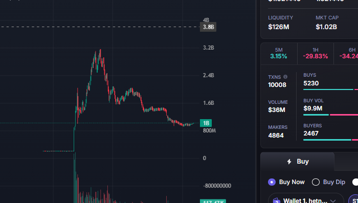 $YZY 밈 코인의 초기 펌프와 이후 덤프를 보여주는 가격 차트