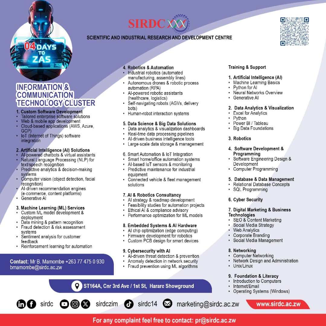 SIRDC: Connecting Agriculture, Industry and Communities through Technologies

Visit our stand during the Zimbabwe Agricultural Show week
 ( 25-30 August 2025 )