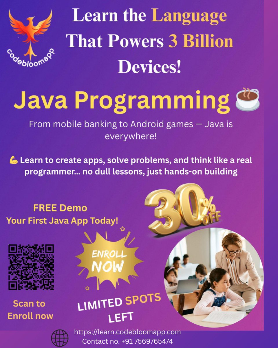 codebloomapp's tweet image. 💻 Want to be a Java Developer?
At CodeBloomapp, coding is made simple & fun! 🚀
✅ Learn Java from basics to advanced
✅ Hands-on coding & projects
✅ Certificate + Free Demo
👉 Start coding your future today!
learn.codebloomapp.com
+91 75697 65474