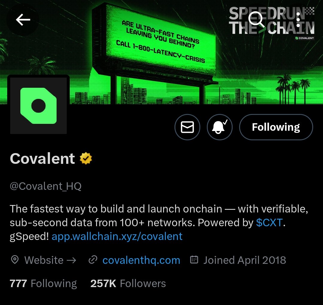 Hrmkingnuel's tweet photo. gSpeed frens 🟢🤗
Did you know that the fastest way to build and launch onchain with verifiable, sub-second data from 100+ networks is on @Covalent_HQ
Now you know, get into #Covalent and get all onchain data at high speed 🟢🚀🚀

#Covalent #CXT #API #GoldRush #EWM https://t.co/1EjV74cf83