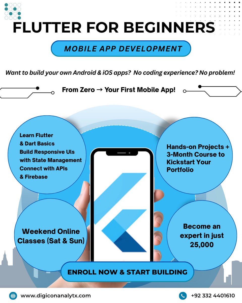 DigiConAnalytX's tweet image. Future‑Proof Your Skills: Learn Flutter Development
In 3 months, you’ll go from beginner to portfolio‑ready with hands‑on projects guided by industry pros. Weekend online classes designed for working professionals.
#FlutterDevelopment #MobileAppDevelopment #learnflutter #dartlang