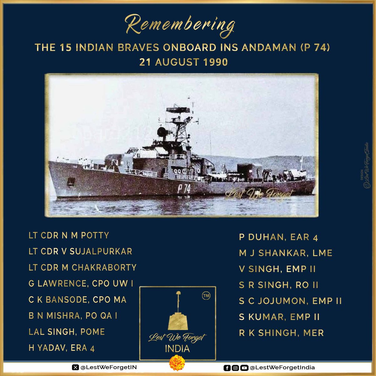 LestWeForgetIndia🇮🇳 (@lestweforgetin) on Twitter photo 21 August 1990 | 36 Years On
On this day, INS Andaman (P74) sank during an Eastern Naval Command <a href="/IN_HQENC/">Eastern Naval Command 🇮🇳</a> exercise in the Bay of Bengal.
We remember the 15 Indian Navy personnel who made the supreme sacrifice in the line of duty.
· Lt Cdr N M Potty
· Lt Cdr V Sujalpurkar
· Lt 21 August 1990 | 36 Years On
On this day, INS Andaman (P74) sank during an Eastern Naval Command <a href="/IN_HQENC/">Eastern Naval Command 🇮🇳</a> exercise in the Bay of Bengal.
We remember the 15 Indian Navy personnel who made the supreme sacrifice in the line of duty.
· Lt Cdr N M Potty
· Lt Cdr V Sujalpurkar
· Lt