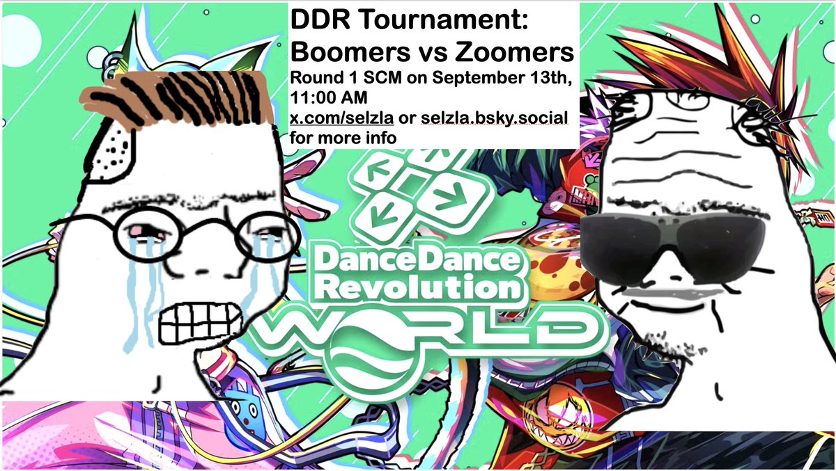 Selzla's tweet photo. DDR Tournament: Boomers vs Zoomers Round 1 SCM on September 13th, 11:00 AM Come by to play or just hang out if interested! https://t.co/tjTmaEEpWU