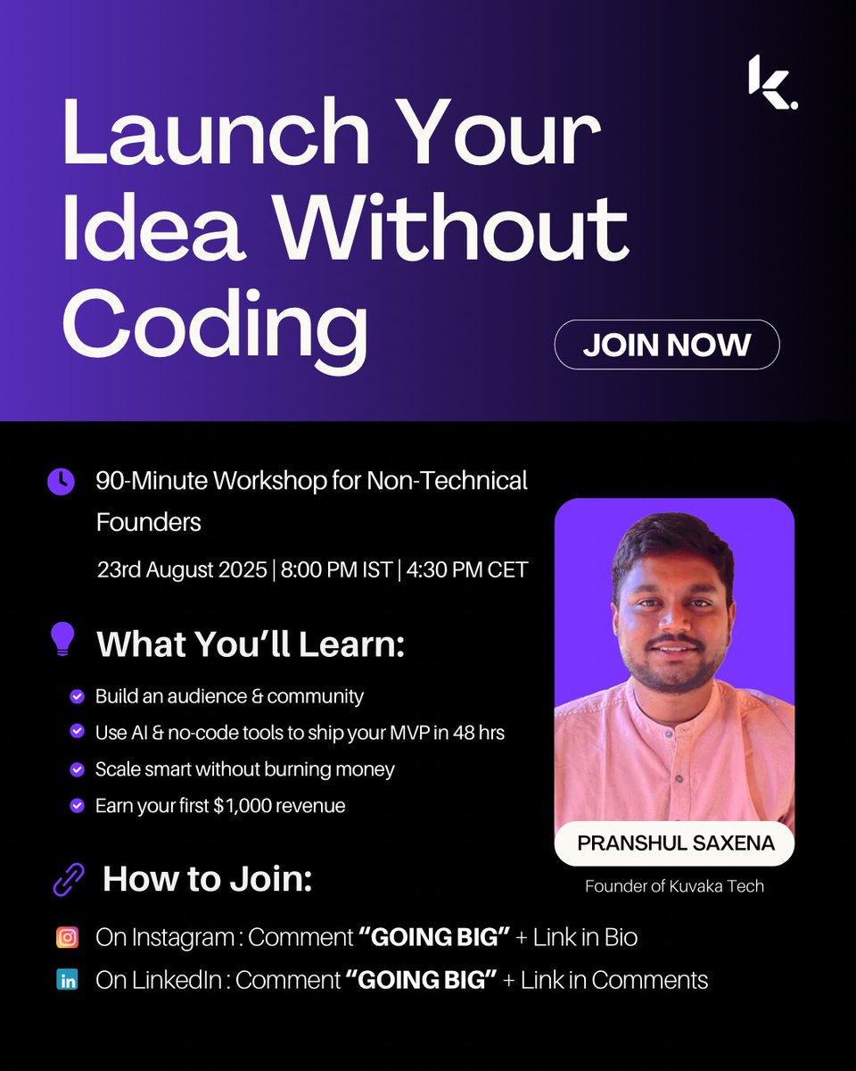KuvakaTech's tweet photo. Join our 90-min workshop on 23rd Aug, 8 PM IST | 4:30 PM CET for non-technical founders. Learn to build an audience, use no-code &amp; AI to launch your MVP in 48 hrs, and make your first $1,000. Limited to 100 founders. Apply via bio.
#NoCode #MVP #StartupGrowth https://t.co/BnTpFzPmKY