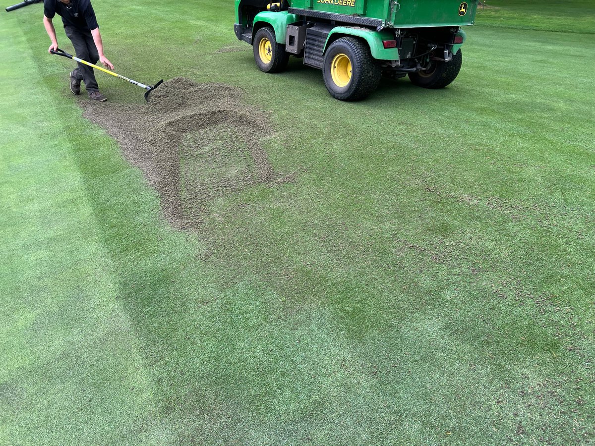 tacomaturf's tweet photo. It took a couple weeks, working on a few greens each morning ahead of play, but we got it done.  All greens punched with ninja tines.  0.173" ID
The tiny plugs are easily blown off and then after a roll, the greens play as if we did nothing at all.  Love it! https://t.co/viHglaeJqO