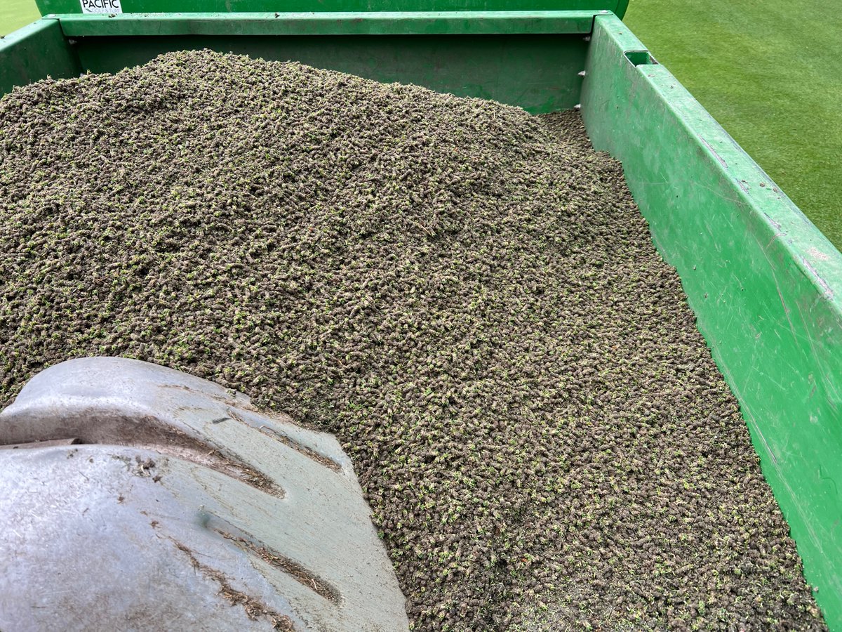 tacomaturf's tweet photo. It took a couple weeks, working on a few greens each morning ahead of play, but we got it done.  All greens punched with ninja tines.  0.173" ID
The tiny plugs are easily blown off and then after a roll, the greens play as if we did nothing at all.  Love it! https://t.co/viHglaeJqO