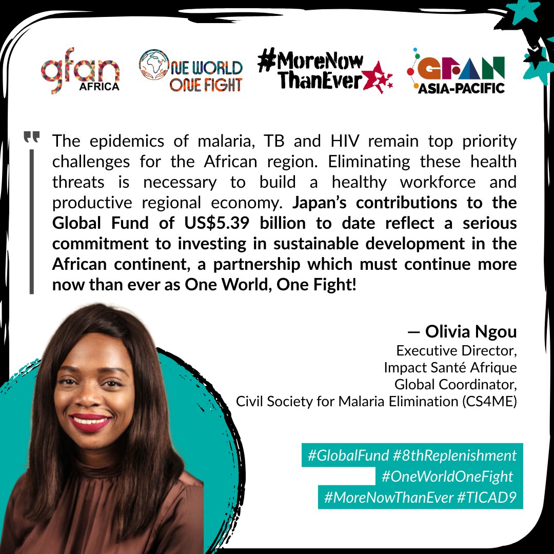 Olivia Ngou <a href="/oliviaoli02/">oliviangou</a>, Executive Director <a href="/ImpSanteAfrique/">Impact Santé Afrique</a> &amp; Global Coordinator <a href="/CS4MEglobal/">Civil Society For Malaria Elimination (CS4ME)</a> shares how #Japan's contributions of US$5.39 billion to date to the <a href="/GlobalFund/">The Global Fund</a> support sustainable development in #Africa

#ticad9 #8thReplenishment #OneWorldOneFight #MoreNowThanEver