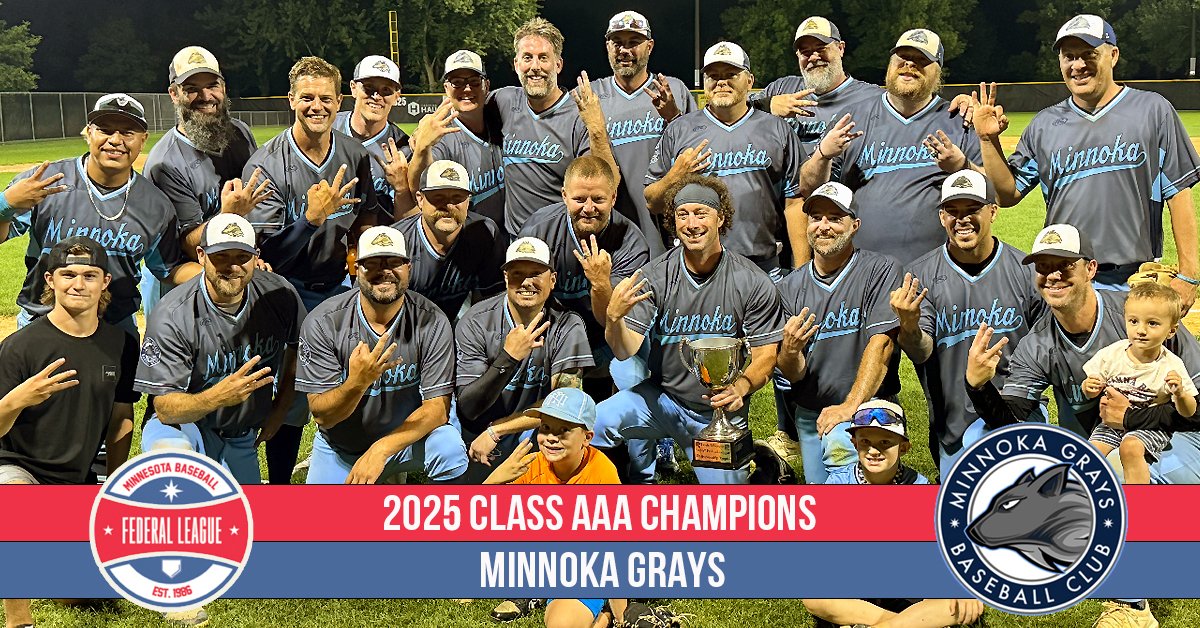 TheFedMN's tweet image. Your 2025 Federal League Champions. 🏆

Class AAA: @MinnokaGrays 
Class AA: @applevalleyas 
Class A: @AngelsInTheFed 
Class B: @Cannons35Fed 

Thank you all the players, managers, families and fans for another incredible season in the Federal League. ⚾️