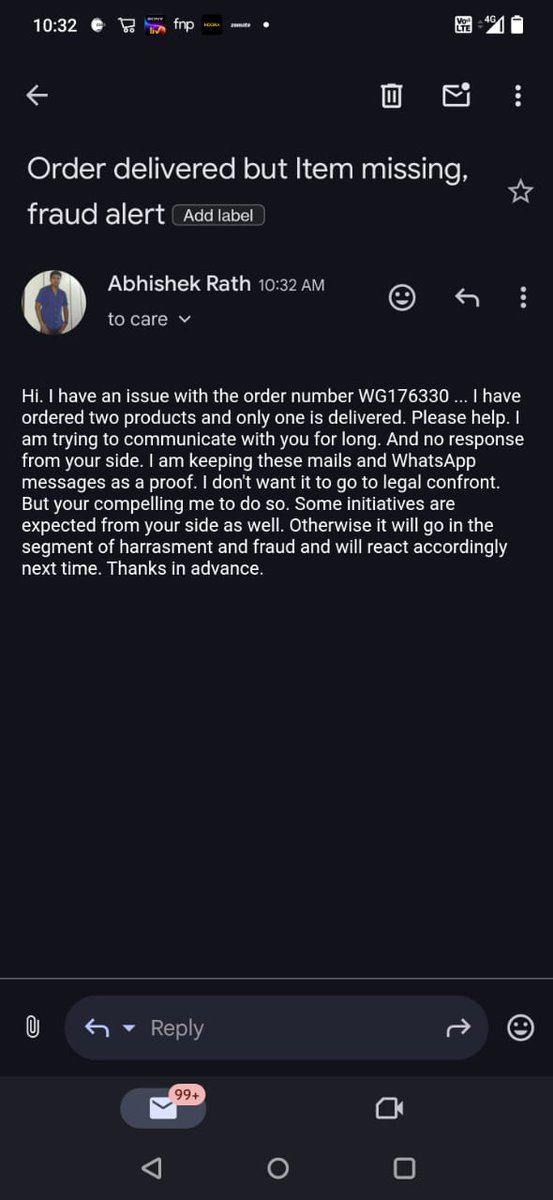 SubhamRath1's tweet photo. On behalf of my brother – Order No: WG176330 had 2 products, but only 1 was delivered. Despite repeated emails &amp; WhatsApp follow-ups - no response. All proofs are kept. Please resolve this immediately before we are forced to escalate further. #wrogn
@StayWrogn https://t.co/EEQ9KDJHB5