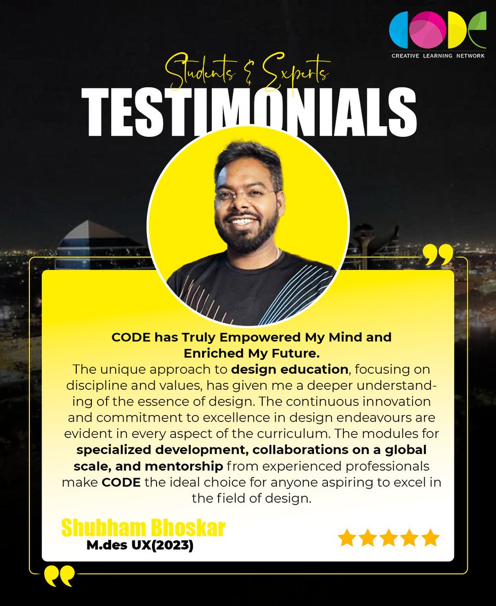 codeeduofficial's tweet image. 🚀 CODE has truly empowered my mind &amp;amp; enriched my future.
Shubham Bhoskar (M.Des UX, 2023) shares how global collaborations, mentorship &amp;amp; design excellence at CODE shaped his journey.✨

#DesignEducation #CODECommunity #CODE