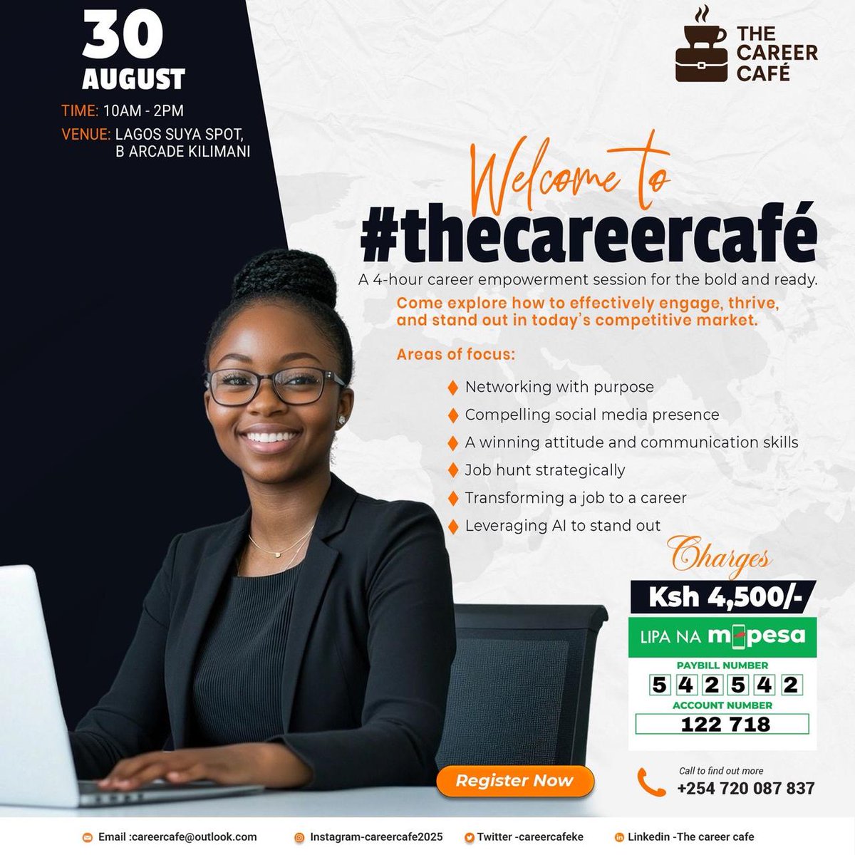MoteAnalyst's tweet photo. 🚀 Big news! #TheCareerCafé is happening on 30th August (10AM–2PM) at Lagos Suya Spot, Kilimani.
It’s a 4-hour session designed to help you network smarter, job-hunt strategically, and stand out in today’s job market.
👉 Register now and enjoy a 33% early bird discount! https://t.co/8KYAWtgqe9