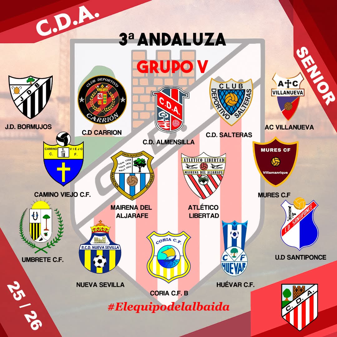 📣 | 3ª Andaluza Senior |

Ya están confirmados los 14 equipos a los que nos enfrentaremos en la temporada 25/26.

Competiremos en el Grupo V de la Tercera Andaluza, con toda la ilusión y las ganas de dejarlo todo en el campo. 💪🔥

¡Que ruede el balón! ⚽✨

#elequipodelalbaida