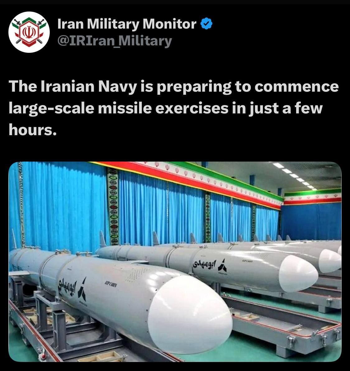 IranProudIran's tweet photo. نیروی دریایی جمهوری اسلامی در حال آماده شدن برای آغاز رزمایش موشکی گسترده در عرض چند ساعت آینده است.

#MIGA 
#MIGAwithPahlavi https://t.co/rAaGW69Oga