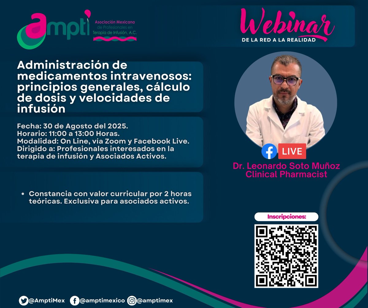 ✨ ¡De la red a la realidad! ✨
La Asociación Mexicana de Profesionales en Terapia de Infusión AMPTI A.C. te invita a participar en el próximo Webinar:

🔗 ¡No te pierdas esta oportunidad!

#AMPTI #TerapiaDeInfusión #Webinar #EducaciónContinua #ProfesionalesDeSalud