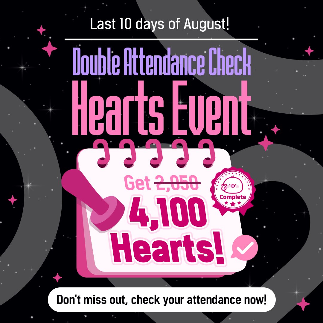 CHOEAEDOL : Kpop ranking and community app (@kpopidol_en) on Twitter photo ๐ฅ The last 10 days of August!
Just check in and get 2x Hearts! ๐
๐ Aug 22 (Fri) ~ Aug 31 (Sun)
Finish all 10 days of check-ins?
2,050 heartsโก๏ธ4,100 hearts! โค๏ธโ๐ฅ
Donโt miss a day
get double hearts daily! ๐๐ปโโ๏ธโจ
๐๐ป bit.ly/3HJJ8wj
#CHOEAEDOL #EVENT #HEARTS #KPOP #IDOL ๐ฅ The last 10 days of August!
Just check in and get 2x Hearts! ๐
๐ Aug 22 (Fri) ~ Aug 31 (Sun)
Finish all 10 days of check-ins?
2,050 heartsโก๏ธ4,100 hearts! โค๏ธโ๐ฅ
Donโt miss a day
get double hearts daily! ๐๐ปโโ๏ธโจ
๐๐ป bit.ly/3HJJ8wj
#CHOEAEDOL #EVENT #HEARTS #KPOP #IDOL