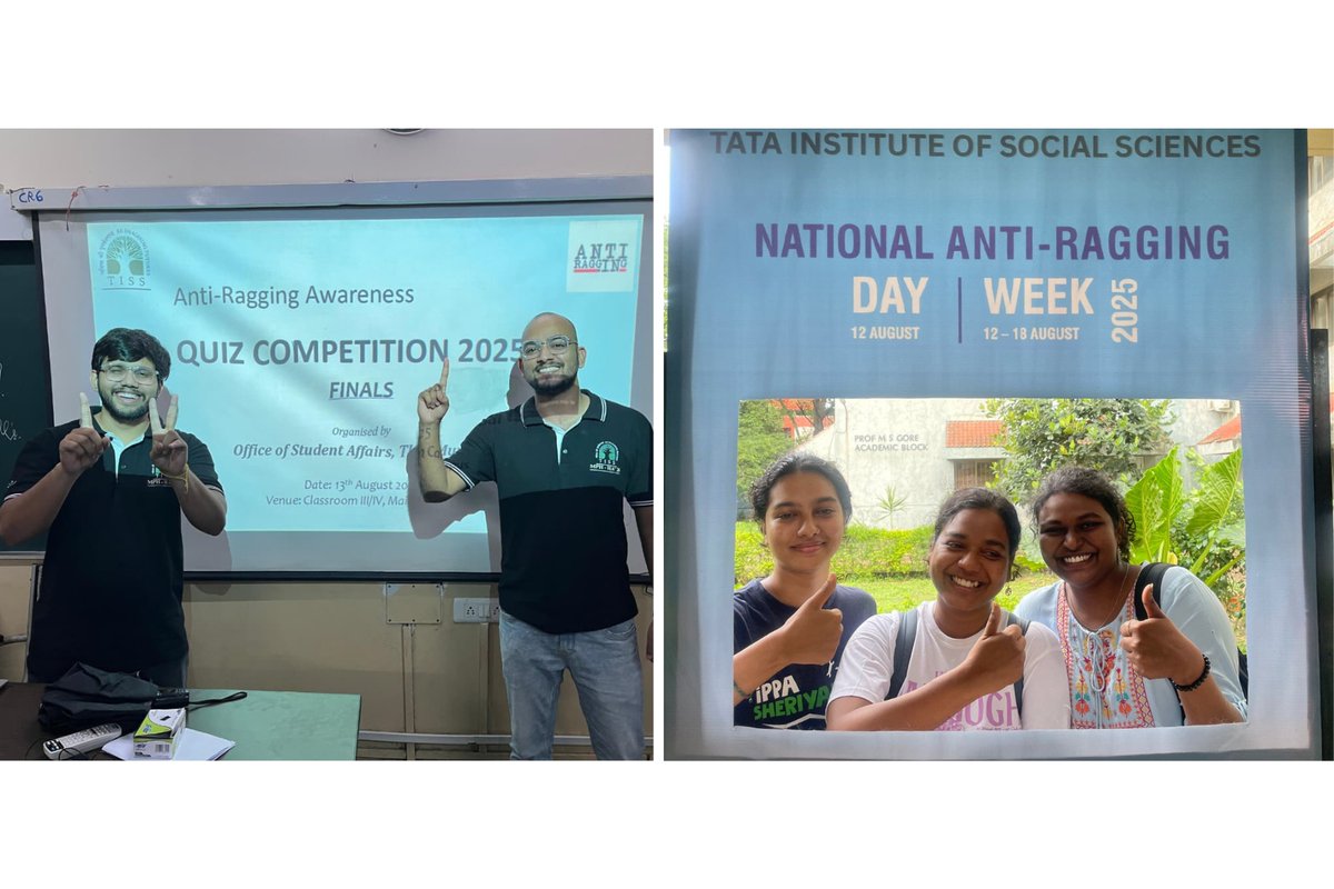 TISSpeak's tweet photo. The Tata Institute of Social Sciences observed Anti-Ragging Week from 12–18 Aug 2025, reaffirming its commitment to a safe and inclusive campus environment. #NoToRagging #TISS (1/4) https://t.co/E2IoWeweRy