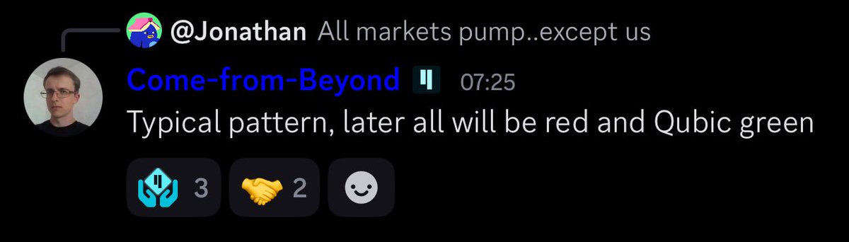 🚨 WAKE UP CALL 🚨

CFB said it this morning:
👉 “All markets red… $Qubic green.” 🌱

The pattern is clear:
Other coins pump ➡️ then crash in red.
Qubic? It waits… then shines green while the rest bleeds. 💥

Not a coincidence. It’s the mark of a project built to defy the