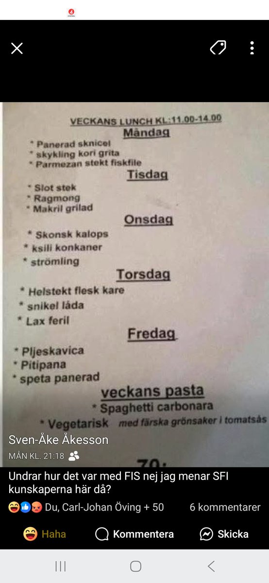 dissidenter's tweet photo. Underbart! Tänk vilken fantastisk examen i SFI personen måste fått innan de fick den fantastiska uppgiften att skriva veckans lunch. 

Någon som är sugen på sknicel, skykling, slot stek, ragmong, strömling, snikel låda? :D

#svpol https://t.co/9cogEMnmHa