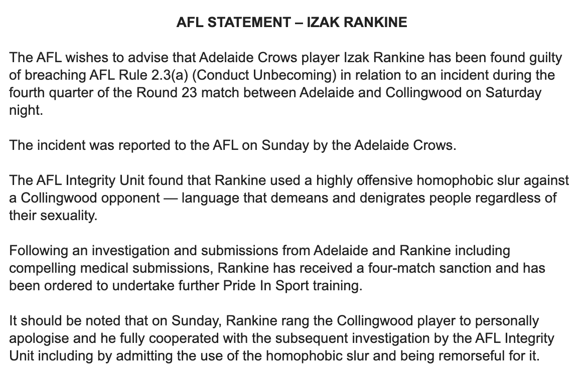 LMcKirdy7's tweet photo. Four matches for Izak Rankine. 

Keen to learn more about the "compelling medical submissions" that saw the ban get downgraded. 

He'll also now be cheering against his team in the first week of finals. 

#AFL https://t.co/nm0sygbyS8