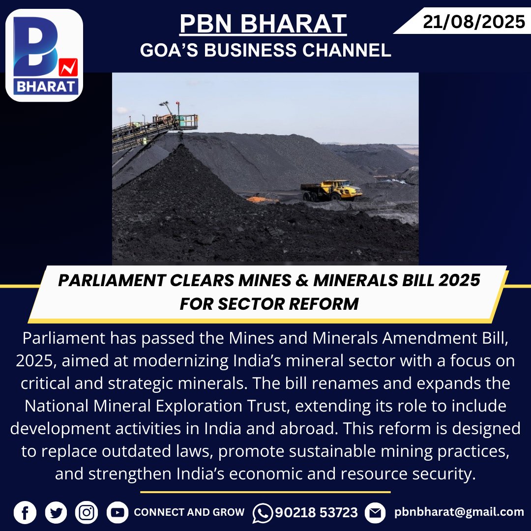PBNBHARAT's tweet image. Parliament Clears Mines &amp;amp; Minerals Bill 2025 for Sector Reform
#MinesAndMinerals #MiningReforms #CriticalMinerals #StrategicResources #SustainableMining #IndiaGrowth #ResourceSecurity #EconomicFuture #LegislativeReforms #MiningSector